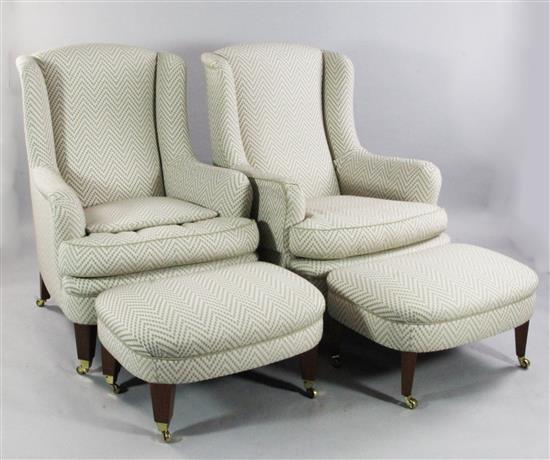 Pair of 20thC wingback armchairs, a pair foot stools(-)